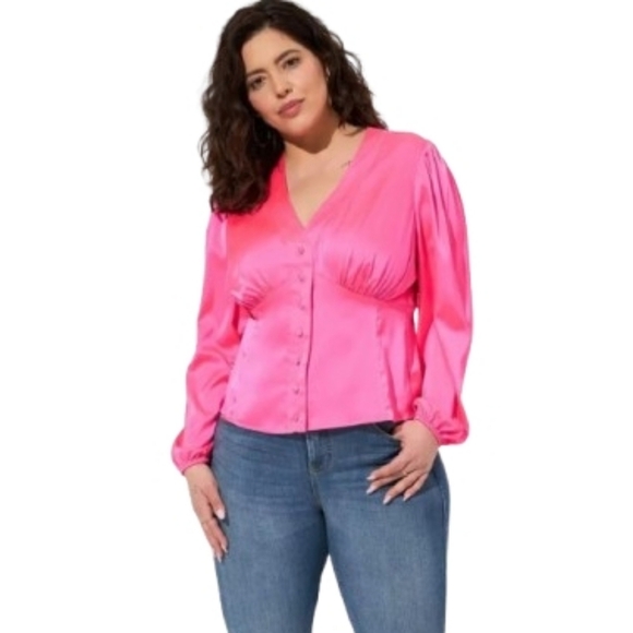 torrid Tops - NWT Torrid Vibrant Pink Long Sleeve Babydoll Top Size 0 (L/12) Gathered At Bust
